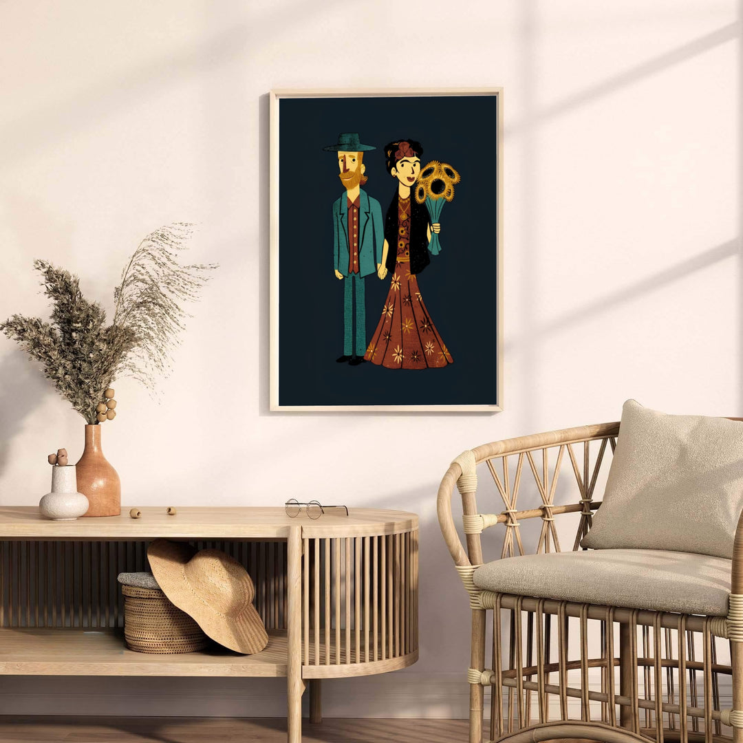 Whimsical bohemian art print of Frida Kahlo And Van Gogh Couple 1939 set against the artistic backdrop of Coyoacán, Mexico City. Shop high-definition framed prints, unframed poster art, and stretched canvas choices directly at MapYourDreams for stylish home gallery walls.