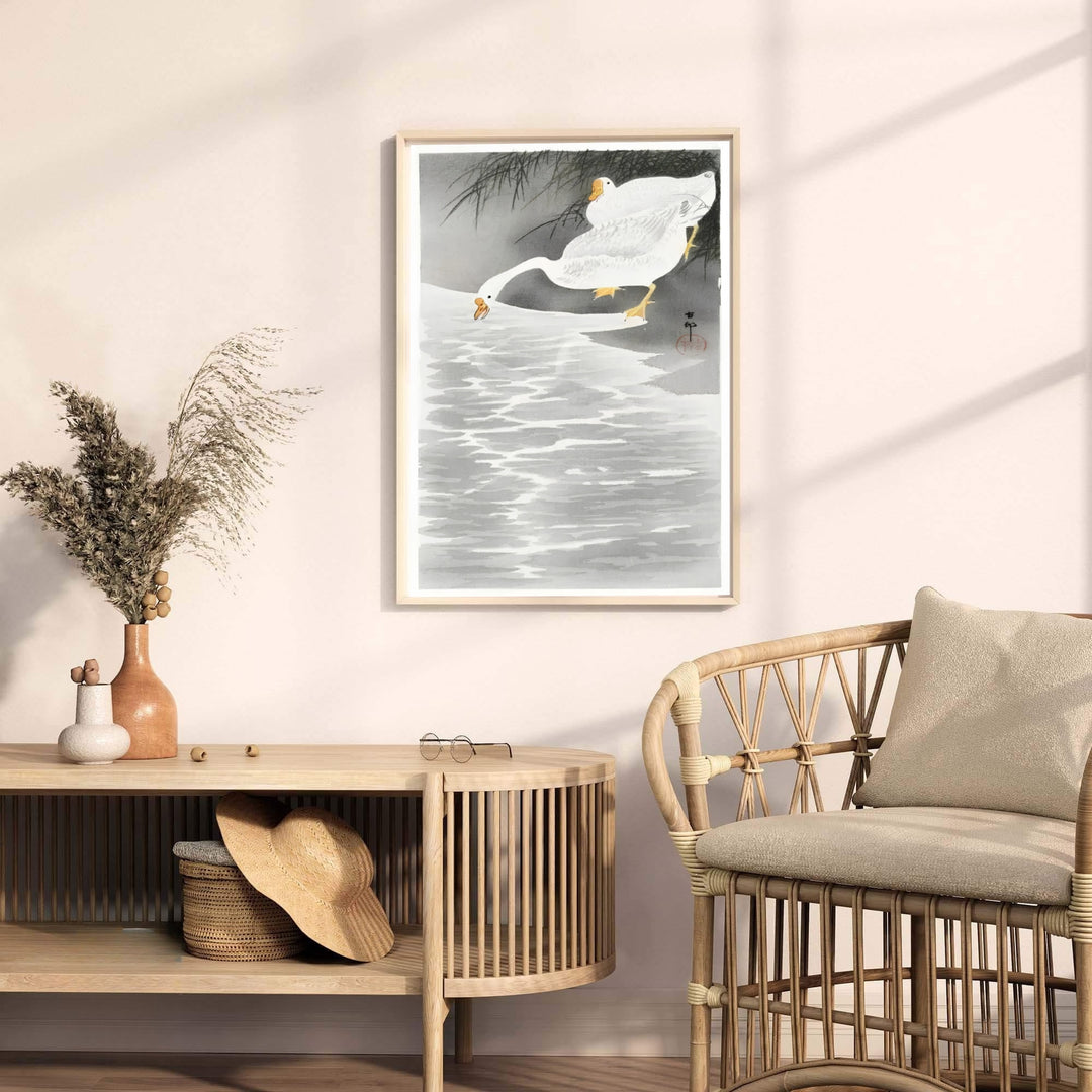 Traditional 1900 1930 Japanese woodblock bird print by Ohara Koson displaying soft water washes from historic Kanazawa ateliers. MapYourDreams provides premium framed, unframed, and canvas prints.