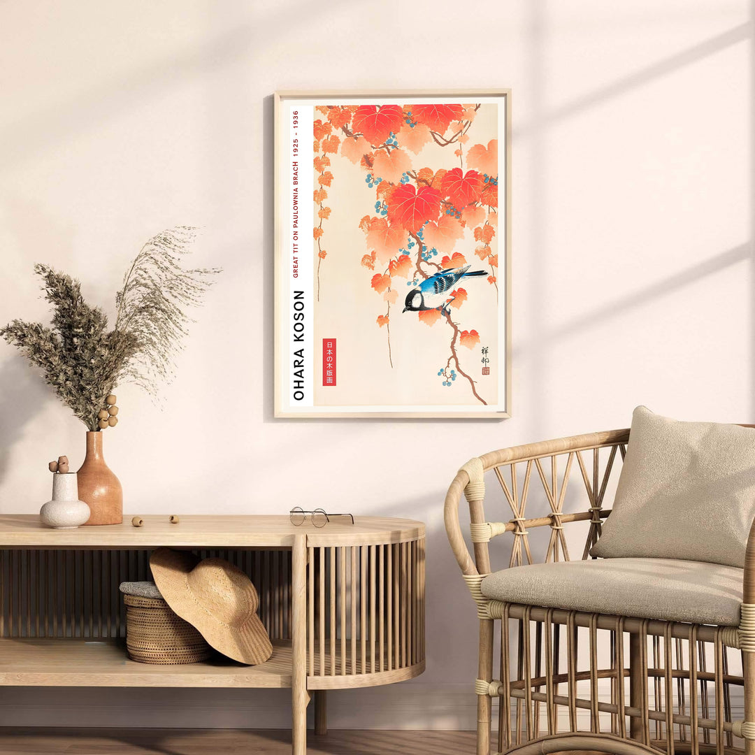 Traditional 1925 1936 Japanese woodblock bird print by artist Ohara Koson displaying turquoise berries from historic Kanazawa ateliers. MapYourDreams provides premium framed, unframed, and canvas prints.