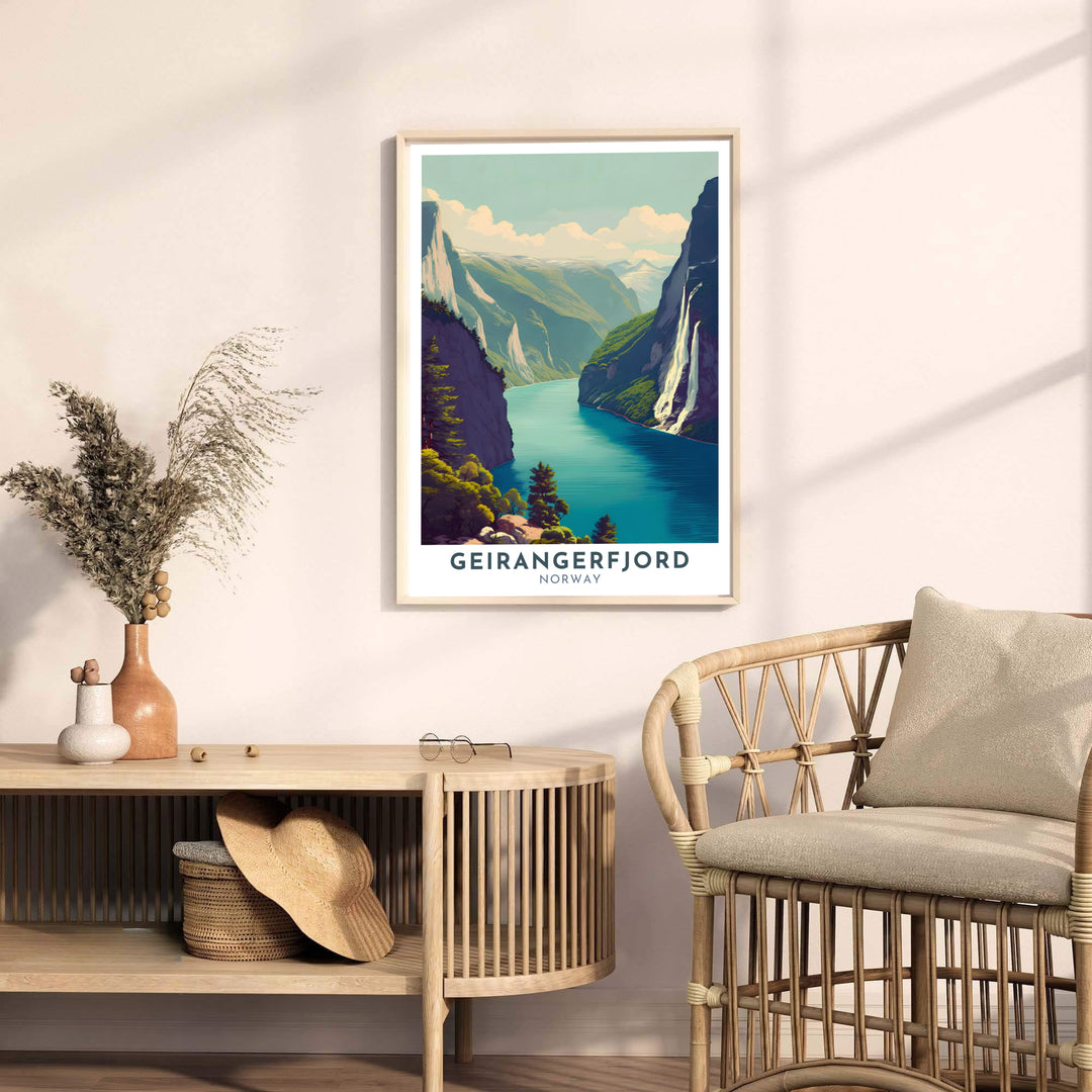 Atmospheric artistic depiction of Geirangerfjord Norway capturing the grand scale of Nordic cliffs and falling water in vintage vector style. Upgrade your living space with this travel artwork available in multiple formats such as unframed paper prints, sleek framed designs, and gallery wrap canvas prints.