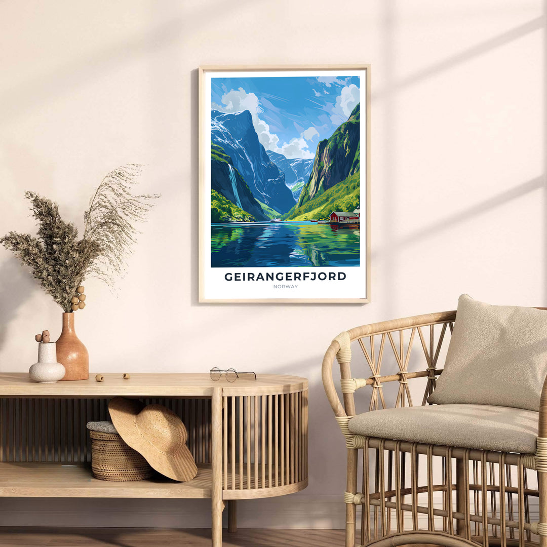 Atmospheric artistic depiction of Geirangerfjord Norway capturing the scale of towering cliffs, waterfalls, and fjord cruising boats. Upgrade your living space styling with this travel artwork available across several physical formats such as unframed paper prints, protective framed designs, and gallery wrap canvas prints.