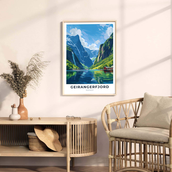 Atmospheric artistic depiction of Geirangerfjord Norway capturing the scale of towering cliffs, waterfalls, and fjord cruising boats. Upgrade your living space styling with this travel artwork available across several physical formats such as unframed paper prints, protective framed designs, and gallery wrap canvas prints.