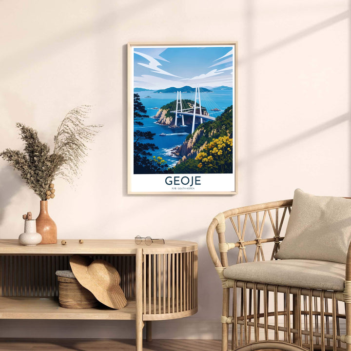 Artistic home decor print capturing the coastal majesty of Geoje Island, South Korea, featuring the grand Geoga Bridge, sea waves, pine trees, and yellow flowers. Offered by MapYourDreams, this artwork is available in flexible options including unframed paper, custom wooden frames, and gallery canvas wraps.