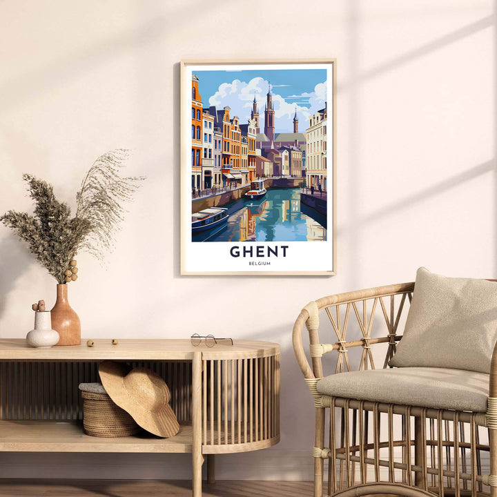 Charming Belgian travel poster featuring the soaring spires and canal boats of Ghent, Belgium. Offered by MapYourDreams, this artwork is available in flexible options including unframed paper, custom wooden frames, and gallery canvas wraps.