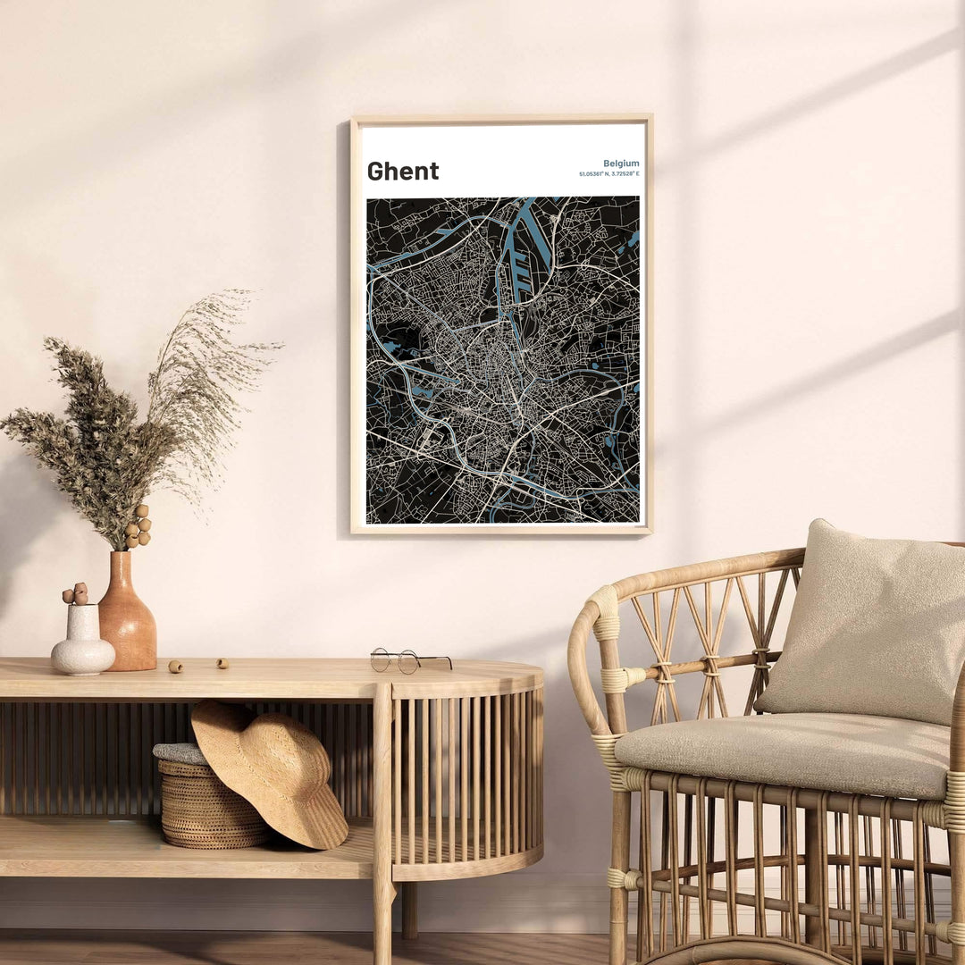Minimalist urban map poster displaying precise geographic coordinates for Ghent, Belgium. Available from MapYourDreams in multiple presentation formats including unframed archival paper, handcrafted frames, and gallery wrapped canvas styles.