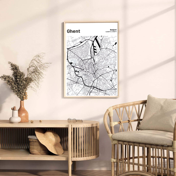 Contemporary Scandinavian cartography poster illustrating the river junction of Ghent, Belgium. Offered by MapYourDreams, this artwork is available in flexible options including unframed paper, custom wooden frames, and gallery canvas wraps.