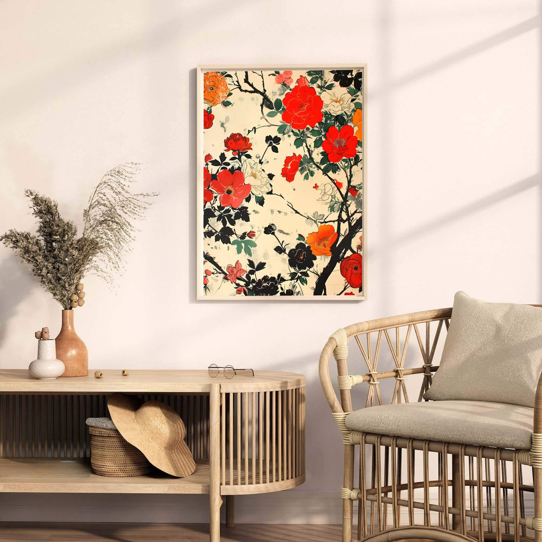 Traditional Japanese woodblock floral print by artist Katsushika Hokusai displaying rich red and orange washes from historic Kanazawa ateliers. MapYourDreams provides premium framed, unframed, and canvas prints.