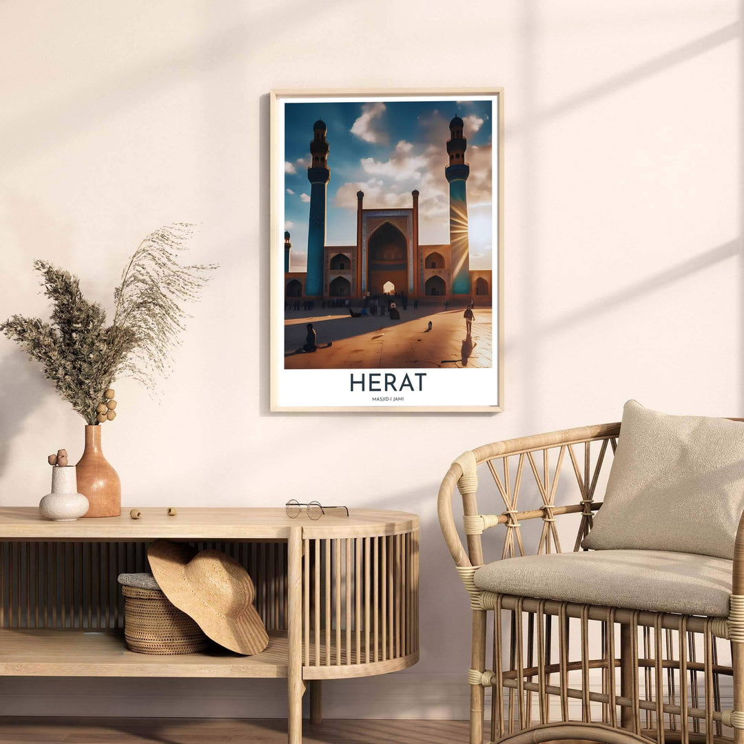 Fine art photo poster of Masjid-i Jami in Herat Afghanistan featuring golden sunburst reflections and tilework. Released by MapYourDreams, this artwork is available in flexible options including unframed paper, custom wooden frames, and gallery canvas wraps for home wall art.