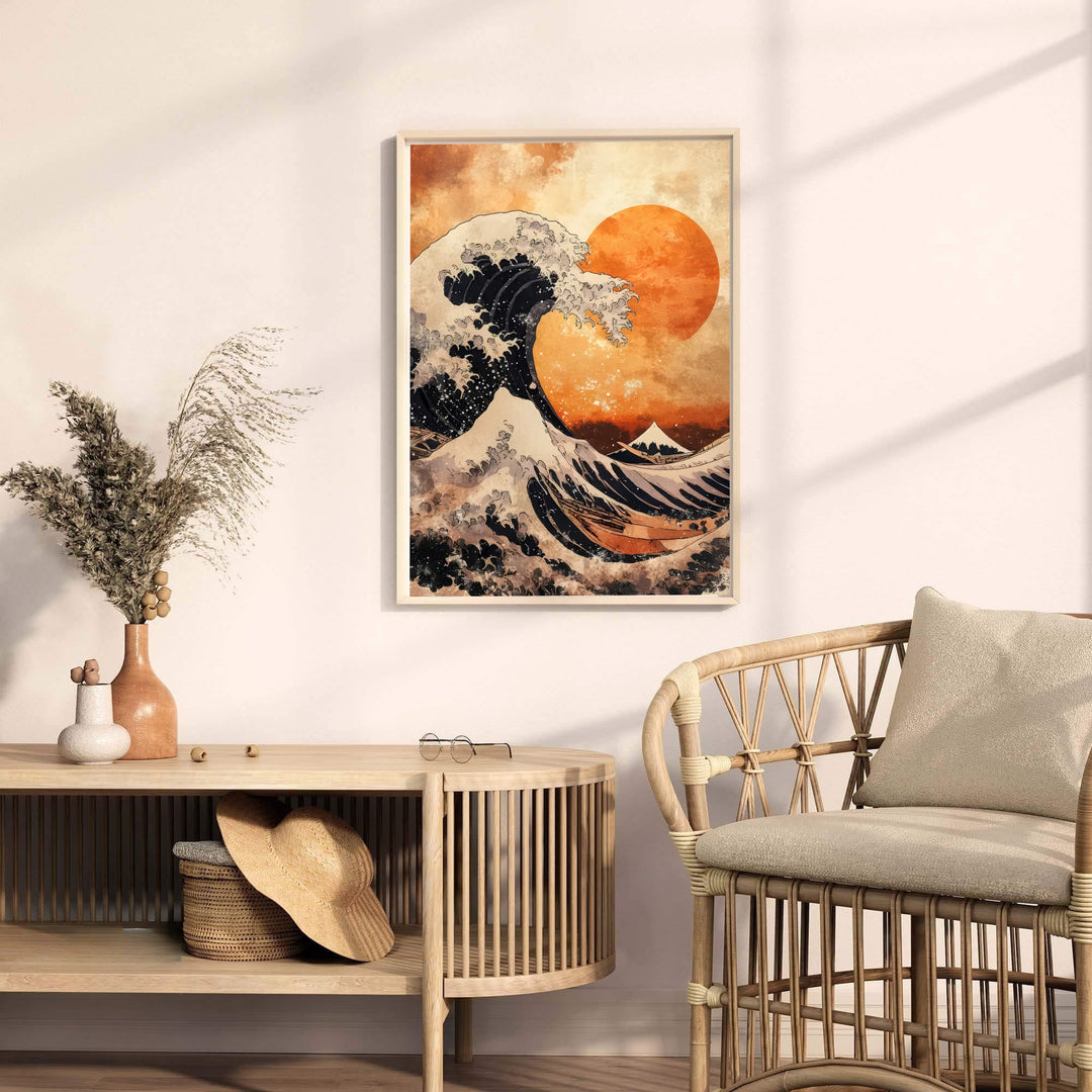 Traditional Japanese woodblock wave print by artist Katsushika Hokusai displaying rich orange and amber washes from historic Kanagawa sea viewpoints. MapYourDreams provides premium framed, unframed, and canvas prints.
