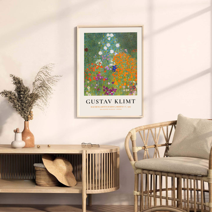 Museum quality fine art poster of Gustav Klimt Bauerngarten Farm Garden 1907 detailing vivid oil painting textures from the Belvedere Museum in Vienna, Austria. MapYourDreams provides premium framed prints, unframed paper wall decor, and stretched canvas choices for living spaces.