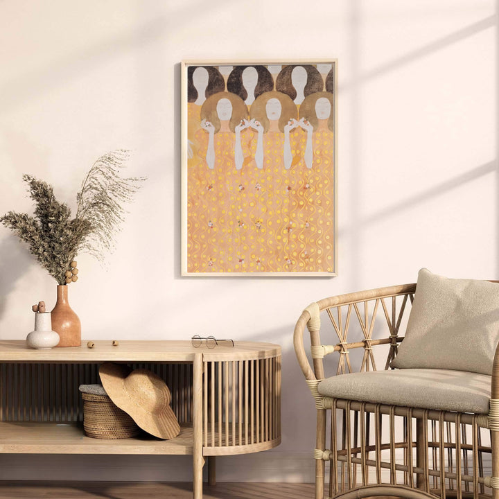 Museum quality fine art poster of Gustav Klimt Beethoven Frieze Secession Building Vienna 1902 detailing vivid gold leaf patterns from Vienna, Austria. MapYourDreams provides premium framed prints, unframed paper wall decor, and stretched canvas choices for sitting room areas.