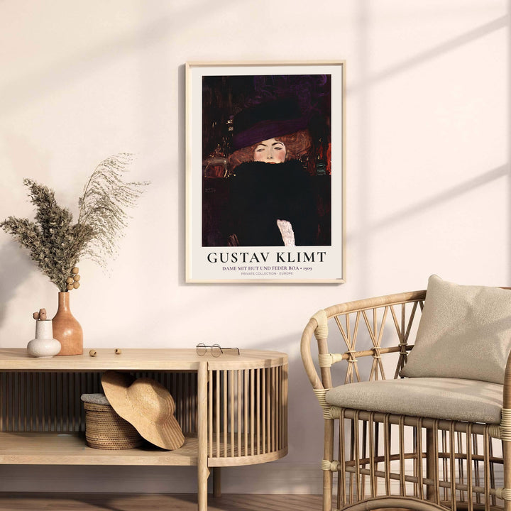 Museum quality fine art poster of Gustav Klimt Dame Mit Hut Und Federboa 1909 detailing rich oil painting textures from a Private Collection in Europe. MapYourDreams provides premium framed prints, unframed paper wall poster decor, and stretched canvas choices for luxury spaces.