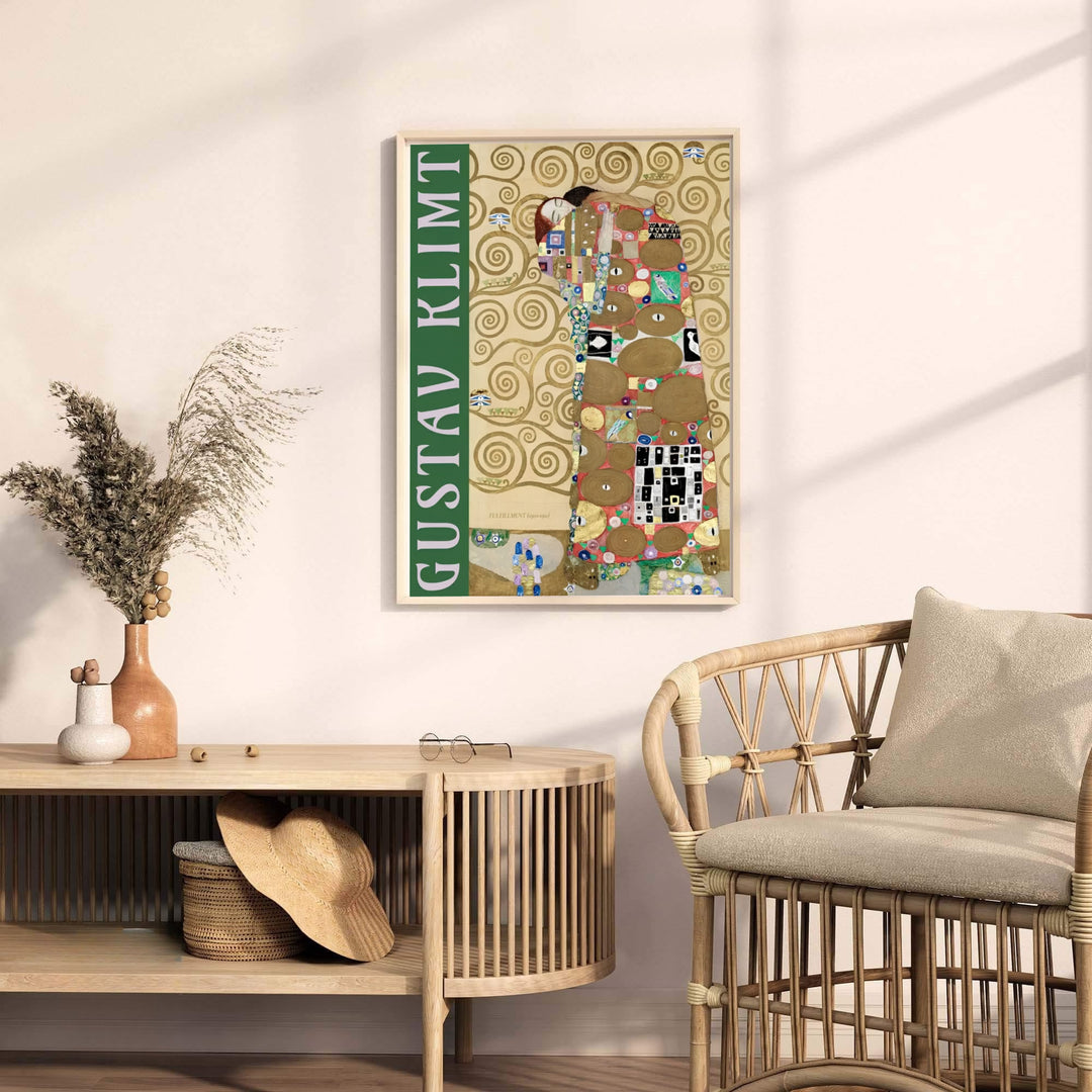 Museum quality fine art poster of Gustav Klimt Fulfillment Die Erfullung 1909 detailing rich gold spiral textures from the Stoclet Palace in Brussels Belgium. MapYourDreams provides premium framed prints, unframed paper wall poster decor, and stretched canvas choices for luxury spaces.