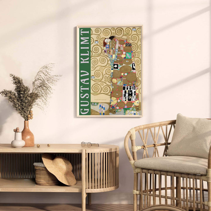 Museum quality fine art poster of Gustav Klimt Fulfillment Die Erfullung 1909 detailing rich gold spiral textures from the Stoclet Palace in Brussels Belgium. MapYourDreams provides premium framed prints, unframed paper wall poster decor, and stretched canvas choices for luxury spaces.