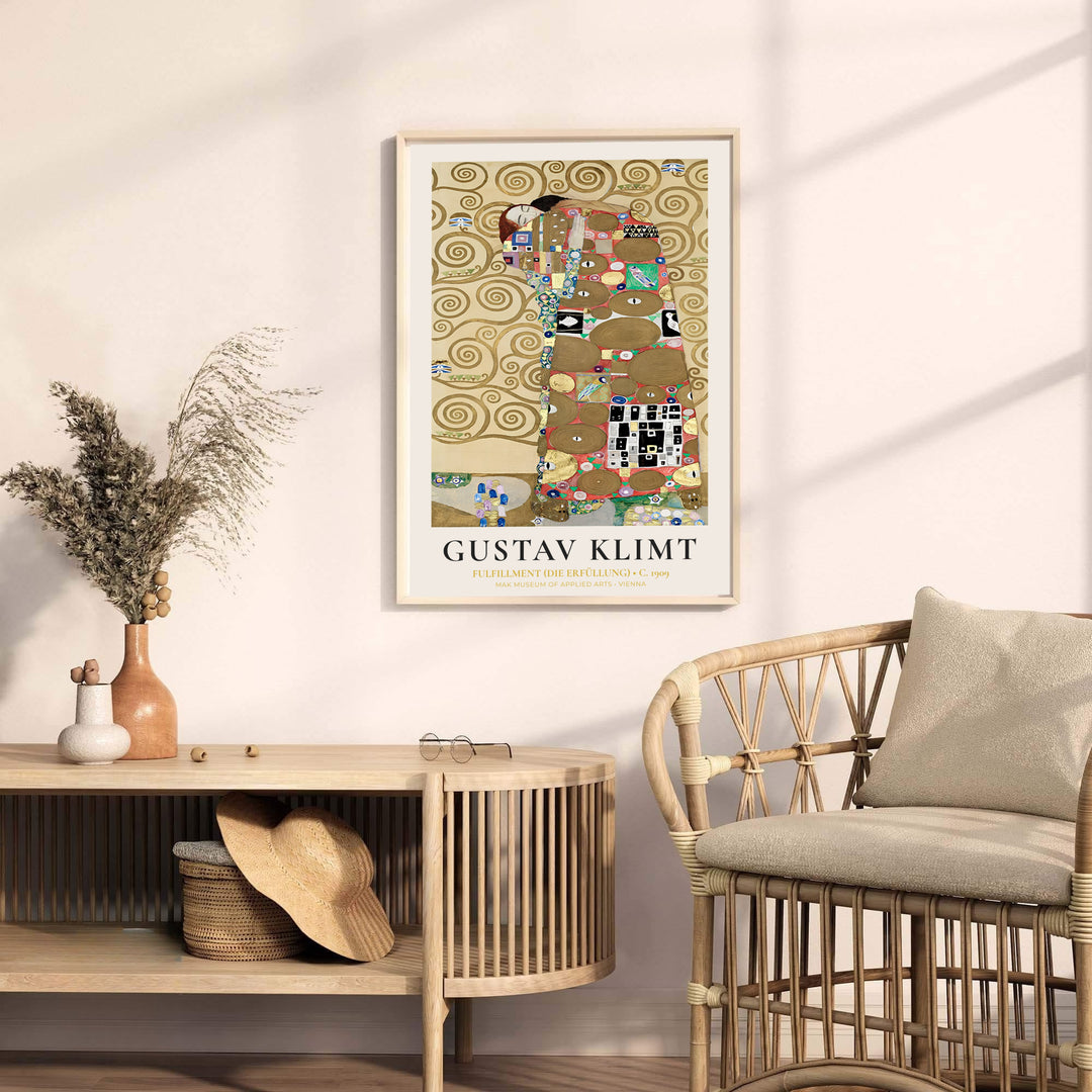 Museum quality fine art poster of Gustav Klimt Fulfillment Die Erfüllung 1909 detailing rich gold spiral tree branches from the Palais Stoclet in Brussels Belgium. MapYourDreams provides premium framed prints, unframed paper wall poster decor, and stretched canvas choices for classic homes.
