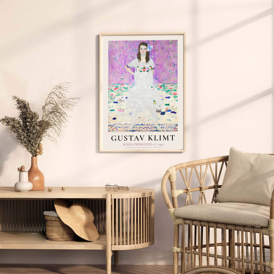 Museum quality fine art poster of Gustav Klimt Mada Primavesi 1913 detailing soft purple tones and floral patterns from The Metropolitan Museum of Art in New York. MapYourDreams provides premium framed prints, unframed paper wall poster decor, and stretched canvas choices for classic homes.