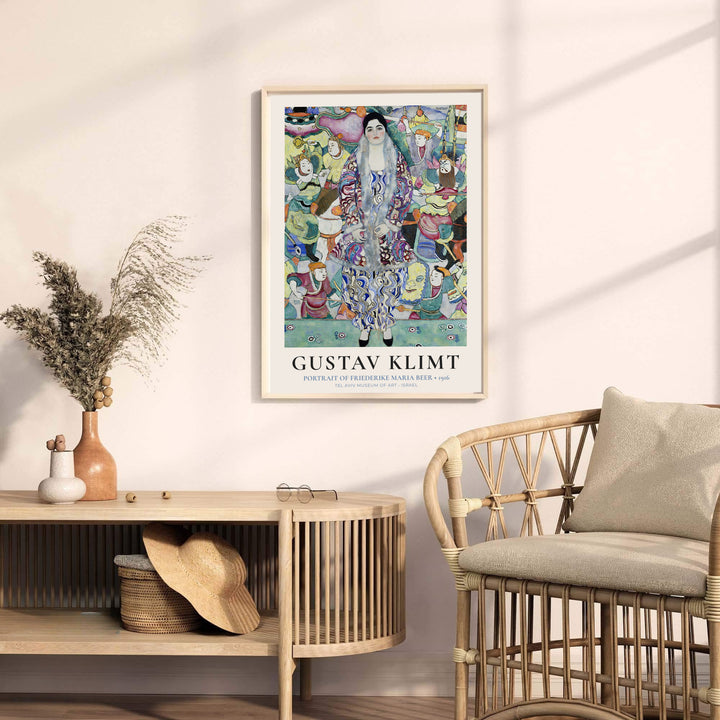 Iconic fashion art print of Gustav Klimt Portrait Of Friederike Maria Beer 1916 featuring vibrant historical clothing patterns from Tel Aviv Museum of Art in Israel. Explore ready-to-hang framed wall art, unframed paper poster prints, and gallery canvas decor available directly from MapYourDreams.