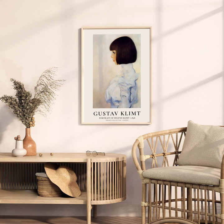 Impressionist young girl portrait poster print of Gustav Klimt Portrait Of Helene Klimt 1898 from a Private Collection in Europe with crisp cream border text. Shop high-definition framed prints, unframed paper posters, and stretched canvas options directly at MapYourDreams online shop today.