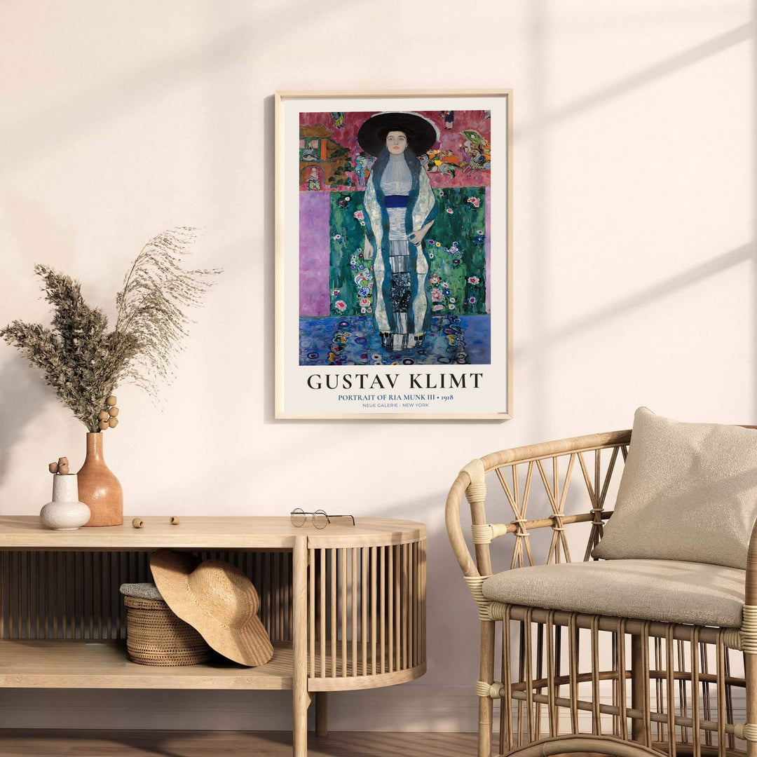 Iconic Austrian modernist art print of Gustav Klimt Portrait Of Ria Munk III 1918 featuring vibrant floral garden elements from Neue Galerie New York. Explore ready-to-hang framed wall art, unframed paper poster prints, and gallery canvas decor available directly from MapYourDreams shop.