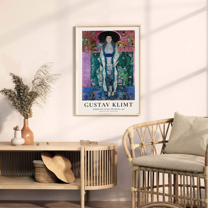 Iconic Austrian modernist art print of Gustav Klimt Portrait Of Ria Munk III 1918 featuring vibrant floral garden elements from Neue Galerie New York. Explore ready-to-hang framed wall art, unframed paper poster prints, and gallery canvas decor available directly from MapYourDreams shop.