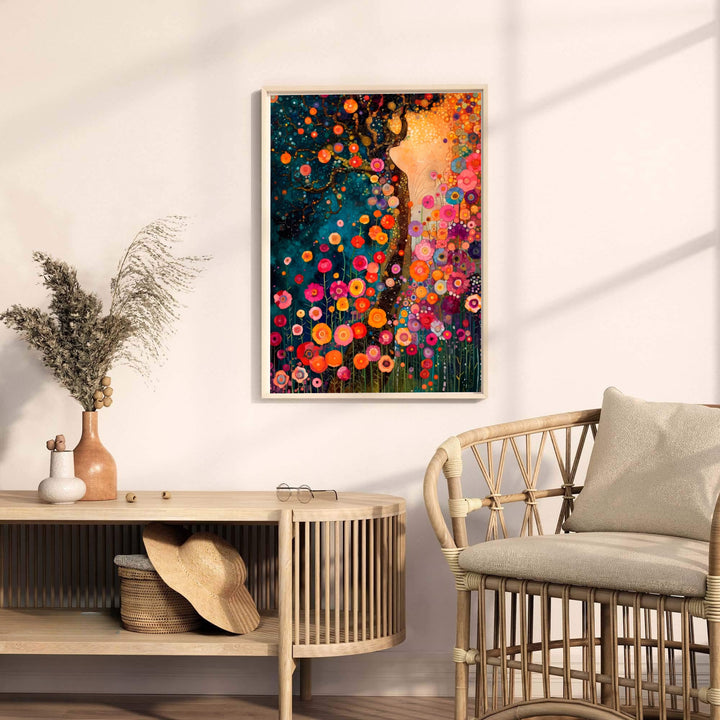 Iconic tree of life style art print of Gustav Klimt Style Dream Of Flowers featuring bright floral blossoms and starry skies. Explore ready-to-hang framed wall art, unframed paper poster prints, and gallery canvas decor available directly from MapYourDreams online store today.