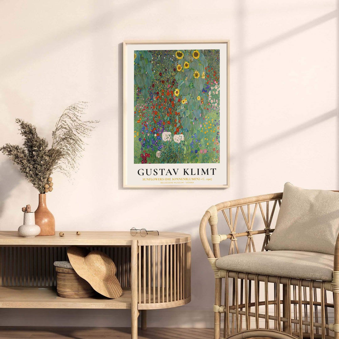 Historic Secessionist flower garden artwork of Gustav Klimt Sunflowers Die Sonnenblumen 1907 in Belvedere Museum Vienna with soft yellow highlights. Explore ready-to-hang framed wall art, unframed paper poster prints, and gallery canvas decor available directly from MapYourDreams store.