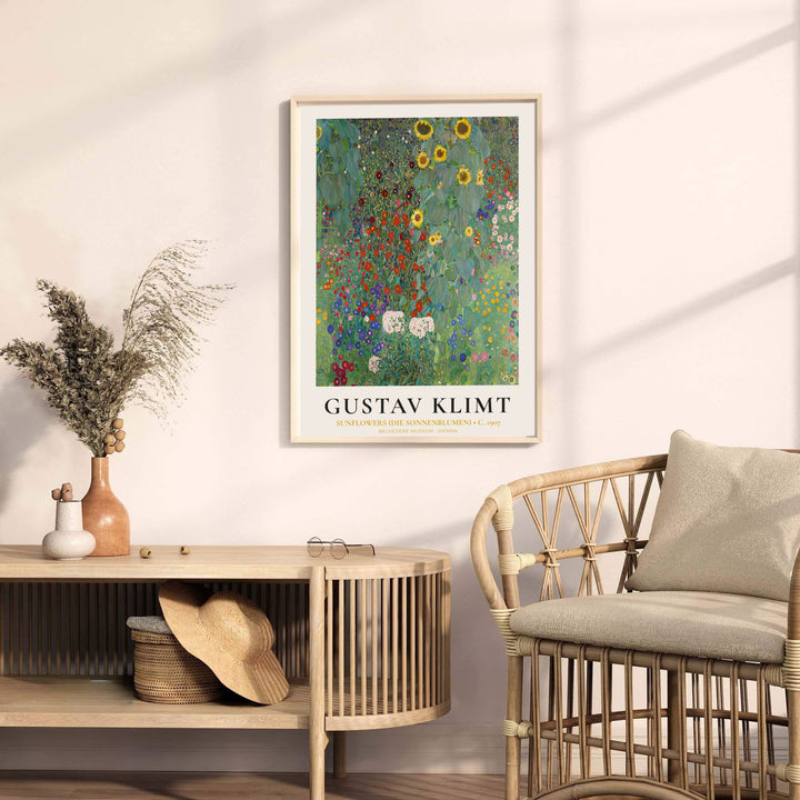 Historic Secessionist flower garden artwork of Gustav Klimt Sunflowers Die Sonnenblumen 1907 in Belvedere Museum Vienna with soft yellow highlights. Explore ready-to-hang framed wall art, unframed paper poster prints, and gallery canvas decor available directly from MapYourDreams store.