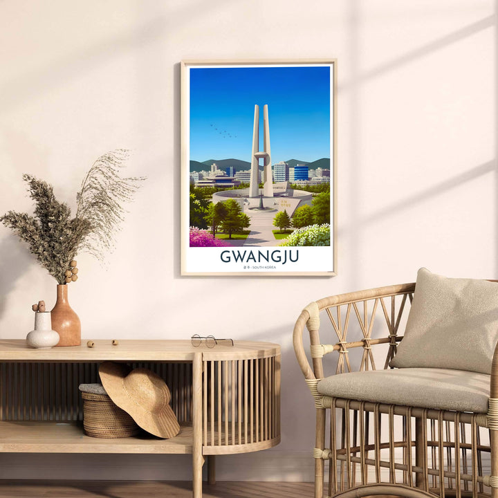 Artistic home decor print highlighting the cultural heritage of Gwangju, South Korea, with a clean vector rendering of the May 18 Memorial Monument and surrounding cityscape. Offered by MapYourDreams, this artwork is available in flexible options including unframed paper, custom wooden frames, and gallery canvas wraps.