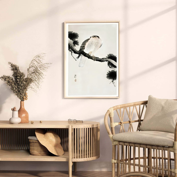 Traditional 1900 1930 Japanese woodblock bird print by artist Ohara Koson displaying dark pine ink washes from historic Kanazawa ateliers. MapYourDreams provides premium framed, unframed, and canvas prints.