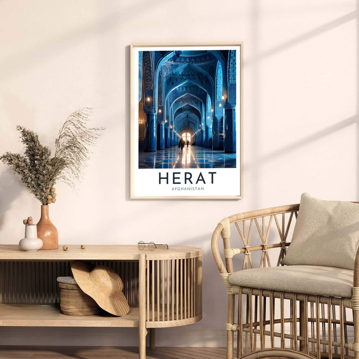 Islamic architectural art print of Herat Blue Mosque Afghanistan displaying perspective arches and turquoise tile patterns, available from MapYourDreams as an unframed art print, stretched canvas wall art, or custom framed poster in natural wood moulding for home decor.