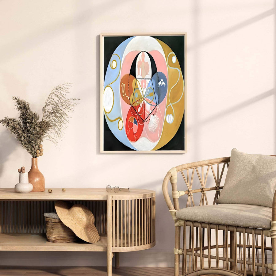 Anchored by striking geometric pentagonal motifs rising through the spiritual composition, this Hilma af Klint Evolution No 14 wall decor captures the delicate balance between structure and abstraction. Offered by MapYourDreams, this artwork is available in flexible options including unframed paper, custom wooden frames, and gallery canvas wraps.