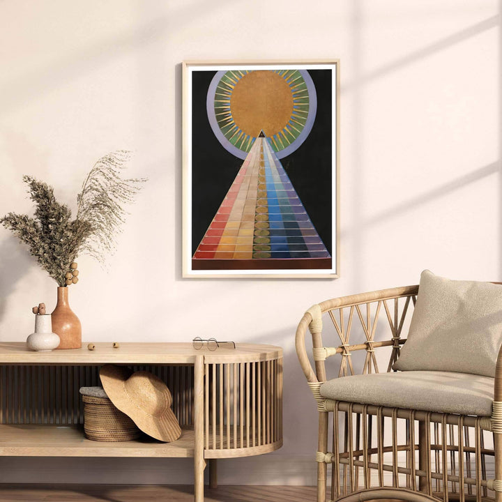Anchored by striking geometric pyramid motifs rising through the spiritual composition, this Hilma af Klint Group X Altarpiece wall decor captures the delicate balance between structure and abstraction. Offered by MapYourDreams, this artwork is available in flexible options including unframed paper, custom wooden frames, and gallery canvas wraps.