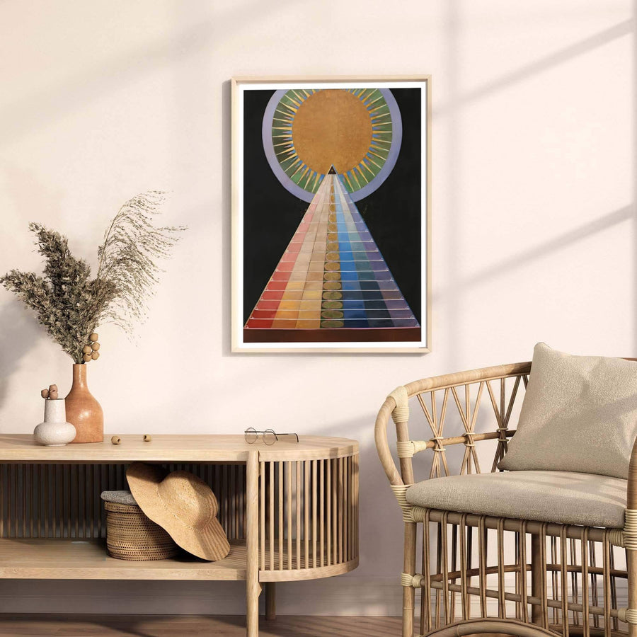 Anchored by striking geometric pyramid motifs rising through the spiritual composition, this Hilma af Klint Group X Altarpiece wall decor captures the delicate balance between structure and abstraction. Offered by MapYourDreams, this artwork is available in flexible options including unframed paper, custom wooden frames, and gallery canvas wraps.
