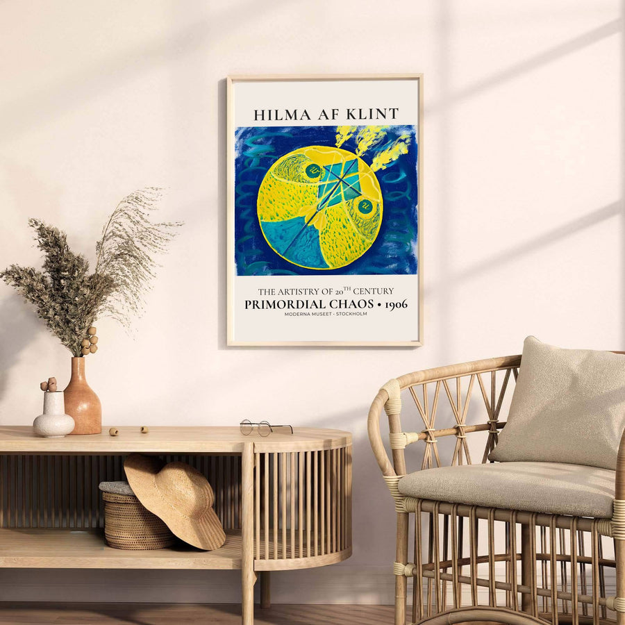 Anchored by striking golden circular motifs and oceanic teal fields reminiscent of Stockholm gallery installations, this Primordial Chaos 1906 wall decor by Hilma af Klint captures structure and abstraction. Offered by MapYourDreams, this artwork is available in flexible options including unframed paper, custom wooden frames, and gallery canvas wraps.