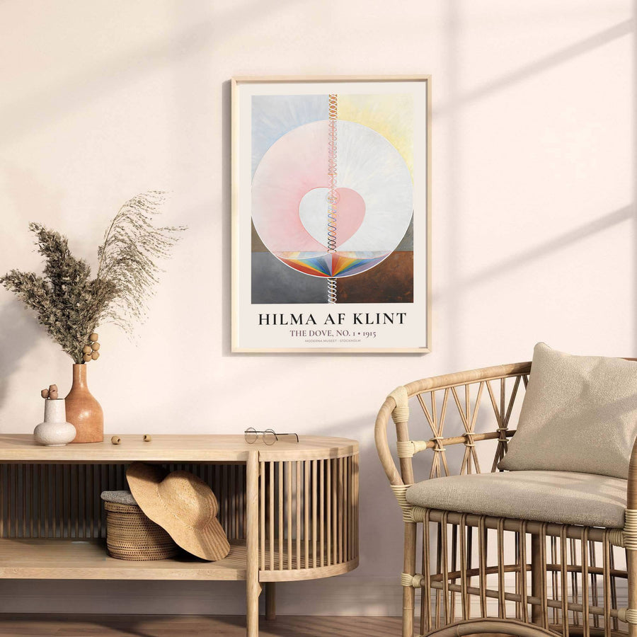 Anchored by striking vertical winding spiral motifs and prismatic rainbow bases reminiscent of Stockholm gallery installations, this The Dove No 1 1915 wall decor by Hilma af Klint captures structure and abstraction. Offered by MapYourDreams, this artwork is available in flexible options including unframed paper, custom wooden frames, and gallery canvas wraps.