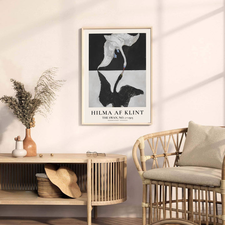 Anchored by striking mirrored bird motifs reminiscent of Stockholm gallery installations, this The Swan No 1 1915 wall decor by Hilma af Klint captures structure and abstraction. Offered by MapYourDreams, this artwork is available in flexible options including unframed paper, custom wooden frames, and gallery canvas wraps.