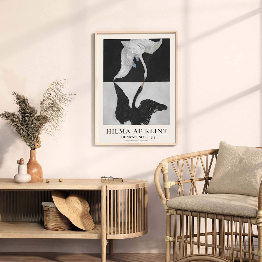 Anchored by striking mirrored bird motifs reminiscent of Stockholm gallery installations, this The Swan No 1 1915 wall decor by Hilma af Klint captures structure and abstraction. Offered by MapYourDreams, this artwork is available in flexible options including unframed paper, custom wooden frames, and gallery canvas wraps.