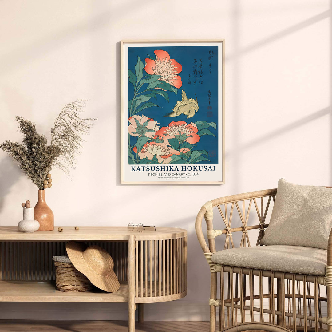 Traditional Japanese woodblock floral print Peonies and Canary by artist Katsushika Hokusai displaying rich teal and coral tones from Boston art archives. MapYourDreams provides premium framed, unframed, and canvas prints.