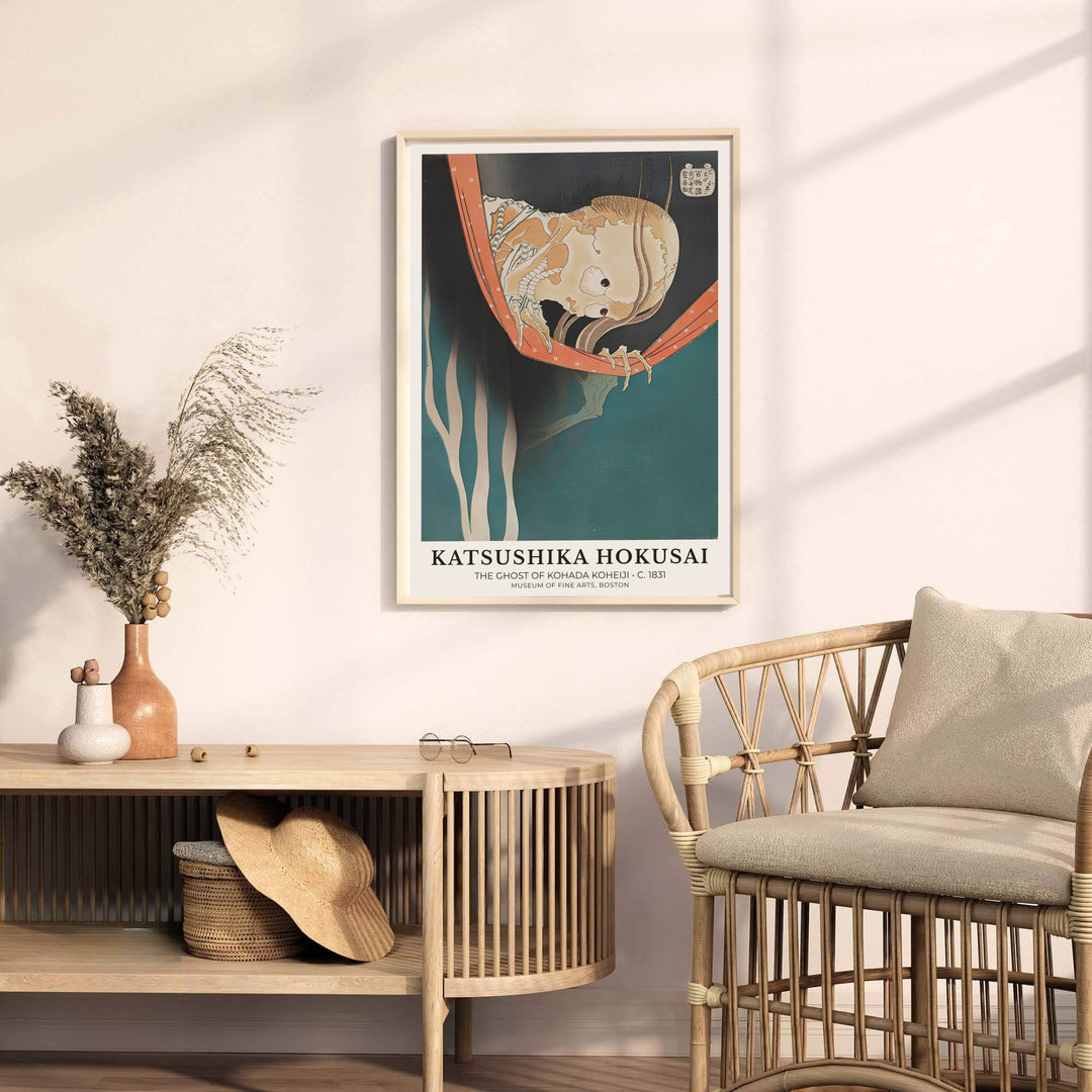 Traditional Japanese woodblock ghost print of The Ghost of Kohada Koheiji by artist Katsushika Hokusai displaying rich dark hues from Boston art archives. MapYourDreams provides premium framed, unframed, and canvas prints.