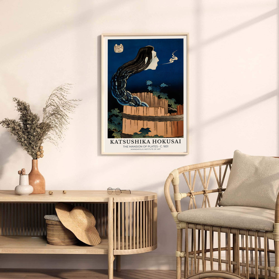 Traditional Japanese woodblock ghost print of The Mansion of Plates by artist Katsushika Hokusai displaying rich dark hues from Minneapolis art archives. MapYourDreams provides premium framed, unframed, and canvas prints.