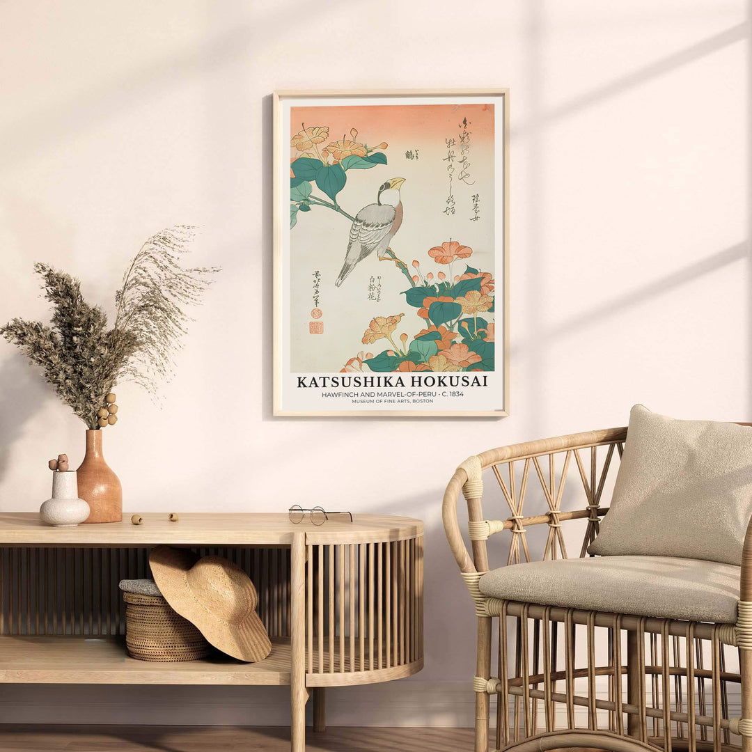 Traditional Japanese woodblock nature print Hawfinch and Marvel-of-Peru by artist Katsushika Hokusai displaying rich botanical hues from Boston art archives. MapYourDreams provides premium framed, unframed, and canvas prints.