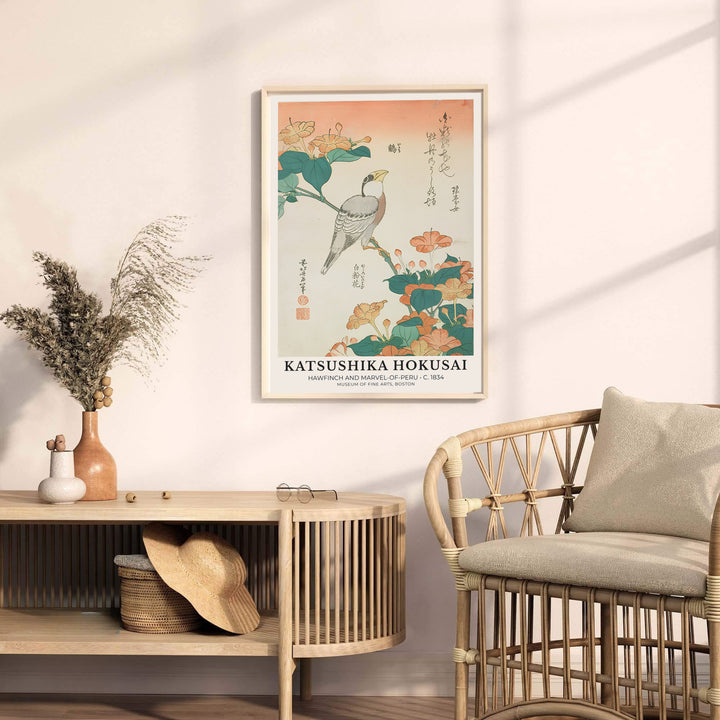 Traditional Japanese woodblock nature print Hawfinch and Marvel-of-Peru by artist Katsushika Hokusai displaying rich botanical hues from Boston art archives. MapYourDreams provides premium framed, unframed, and canvas prints.