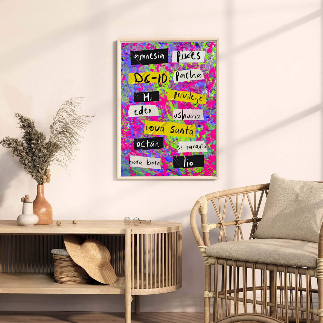 Colorful clubbing history poster displaying tape label graphics for Amnesia, Pacha, and Hï in Ibiza, Spain, available at MapYourDreams with options including unframed paper prints, stretched canvas decor, or custom framed wall art for bedrooms and personal workspaces.