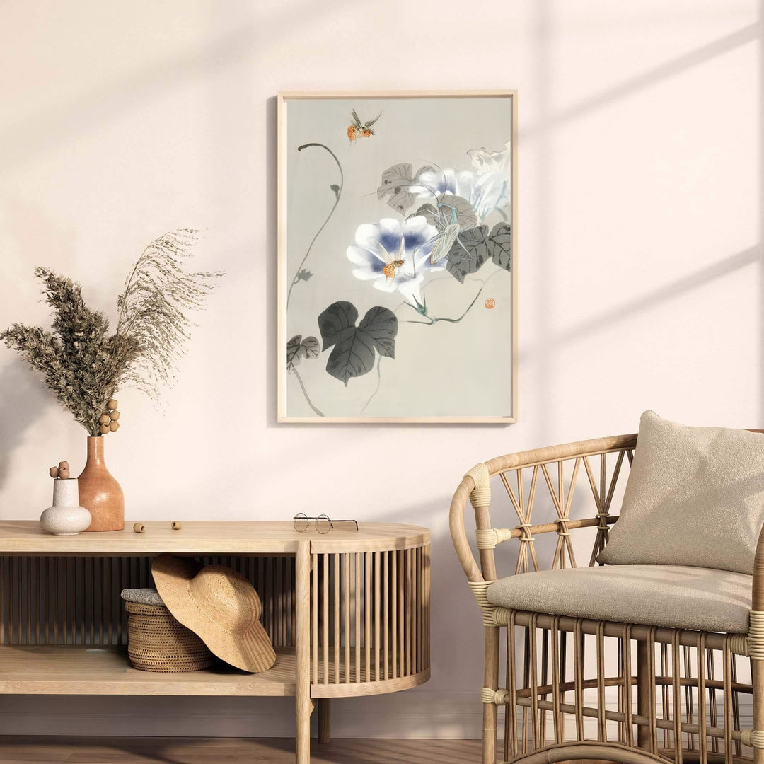 Japanese praying mantis on white bindweed flowers by artist Ohara Koson inspired by Japanese tea house gardens in Kyoto. MapYourDreams offers versatile framed, unframed, and canvas print wall decor formats.
