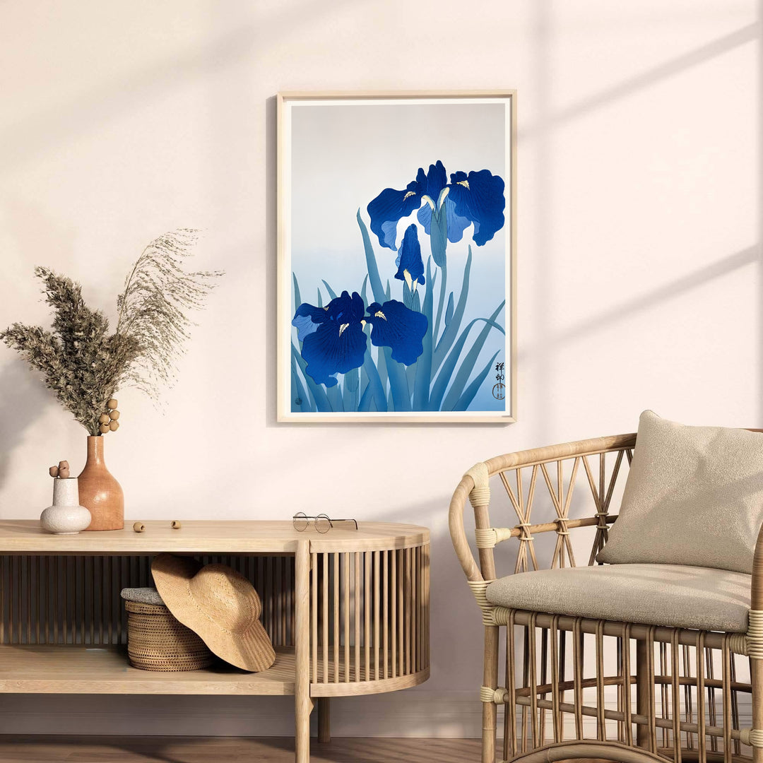 Traditional Japanese woodblock floral print by artist Ohara Koson displaying rich indigo blue washes from historic Kanazawa ateliers. MapYourDreams provides premium framed, unframed, and canvas prints.