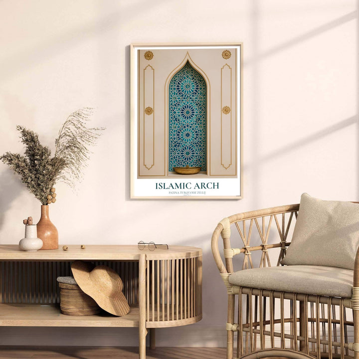 Fine art photo poster of an Islamic arch with turquoise mosaic tilework and geographic title text reading PATINA TURQUOISE ZELLIJ. Released by MapYourDreams, this artwork is available in flexible options including unframed paper, custom wooden frames, and gallery canvas wraps for home wall art.