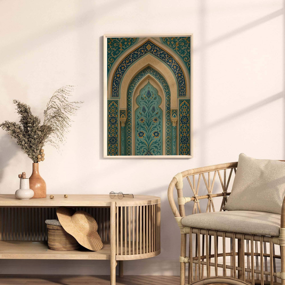 Fine art photo poster of an Islamic arch with turquoise floral tilework and geographic title text reading TURQUOISE BLUE OTTOMAN. Released by MapYourDreams, this artwork is available in flexible options including unframed paper, custom wooden frames, and gallery canvas wraps for home wall art.