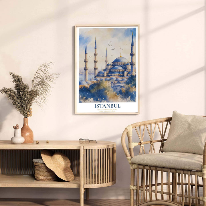 Fine art watercolor poster of Sultan Ahmed Mosque in Istanbul Turkey with latitude and longitude coordinates at base. Released by MapYourDreams, this artwork is available in flexible options including unframed paper, custom wooden frames, and gallery canvas wraps for home wall art.