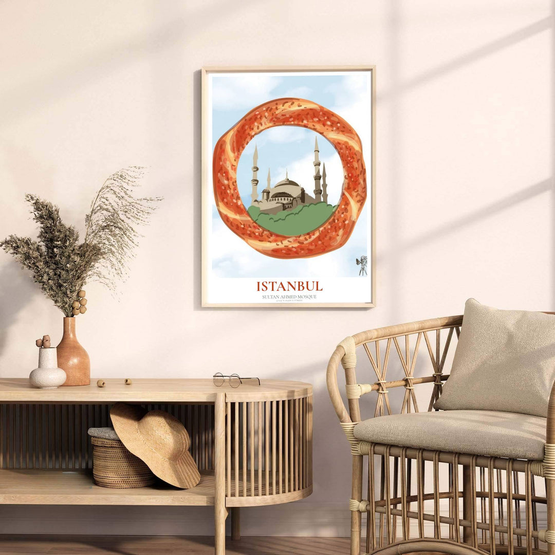 Classical Turkish architecture and culinary poster featuring Blue Mosque in Istanbul framed by a sesame crusted simit. Supplied by MapYourDreams, this artwork is available in flexible options including unframed paper, custom wooden frames, and gallery canvas wraps for stylish decor.