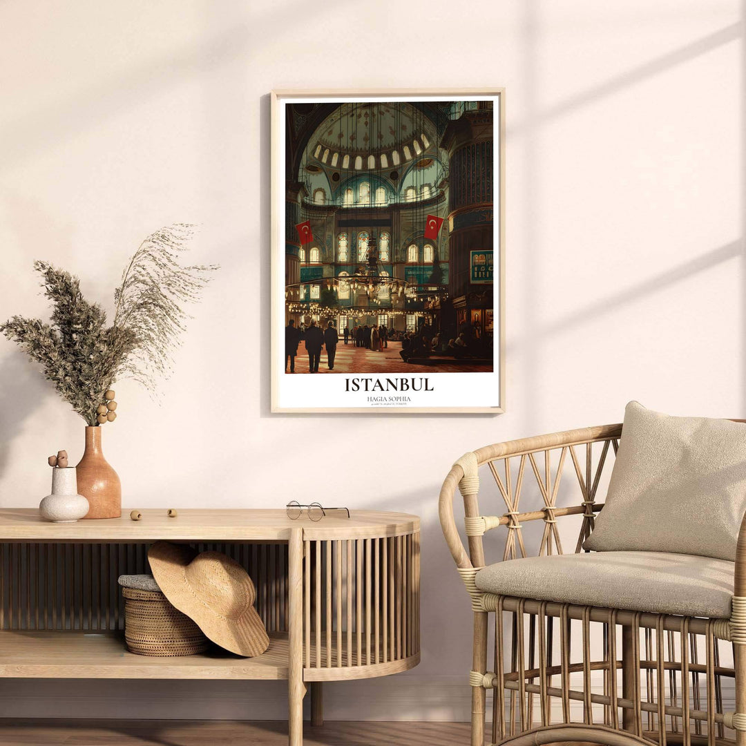 Fine art interior poster of Hagia Sophia in Istanbul Turkey with sleek title text reading HAGIA SOPHIA at the base. Released by MapYourDreams, this artwork is available in flexible options including unframed paper, custom wooden frames, and gallery canvas wraps for home wall art.